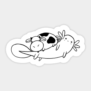 Axolotl and Tiny Cow - White and Black Line Sticker